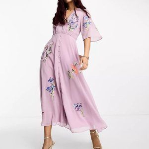 Hope & Ivy plunge front embroidered maxi dress in lilac